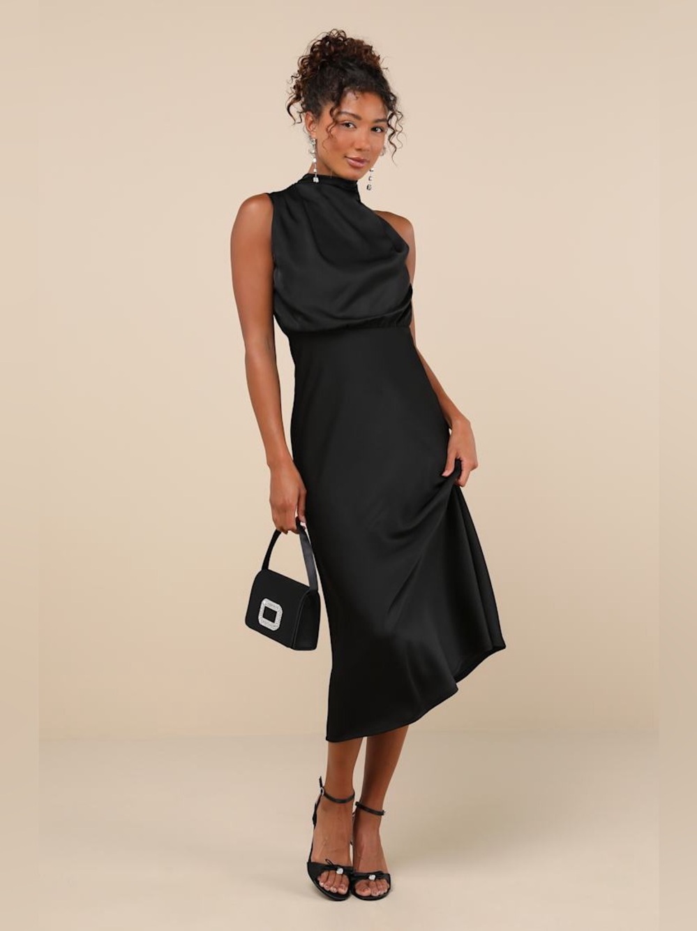 NWOT Lulus Distinctive Charm Black Satin Asymmetrical Midi Dress